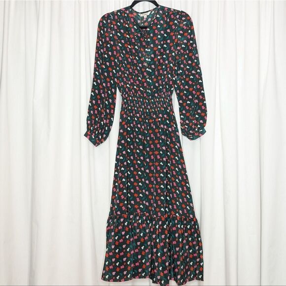 Tucker Juliette Dress Emerald Painted Poppies Micro in Silk Crepe de Chine Midi - Picture 2 of 8